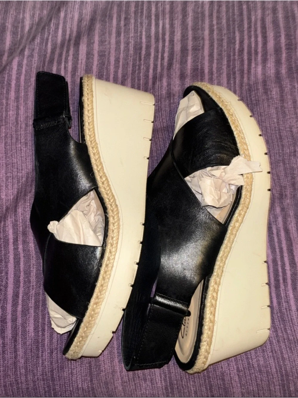Clarks Black Suede Espadrille Wedge Sandals
